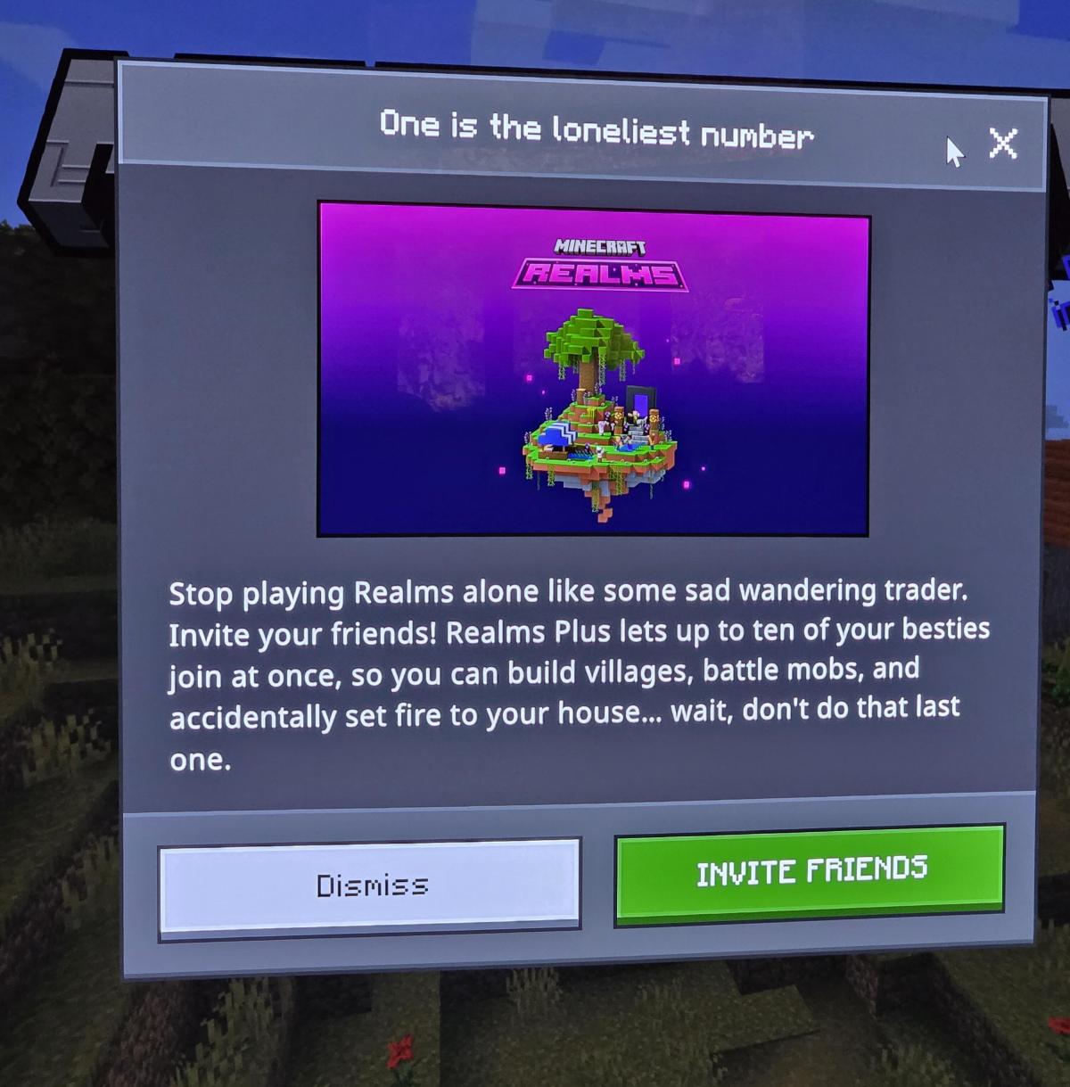 Текст оголошення: Один - самое одинокое число Minecraft Realms Перестань играть в Realms в одиночку, как какой-то унылый странствующий торговец. Пригласи друзей! Realms Plus позволяет до десяти твоих друзей присоединиться одновременно, чтобы вы могли строить деревни, сражаться с мобами и случайно поджечь собственный дом... стоп, последнего лучше не делайте.