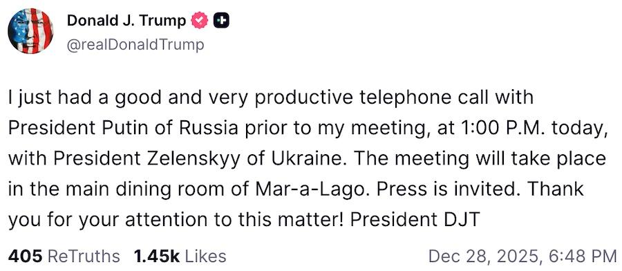Пост Дональда Трампа в соцмережі Truth Social. Фото: скріншот.
