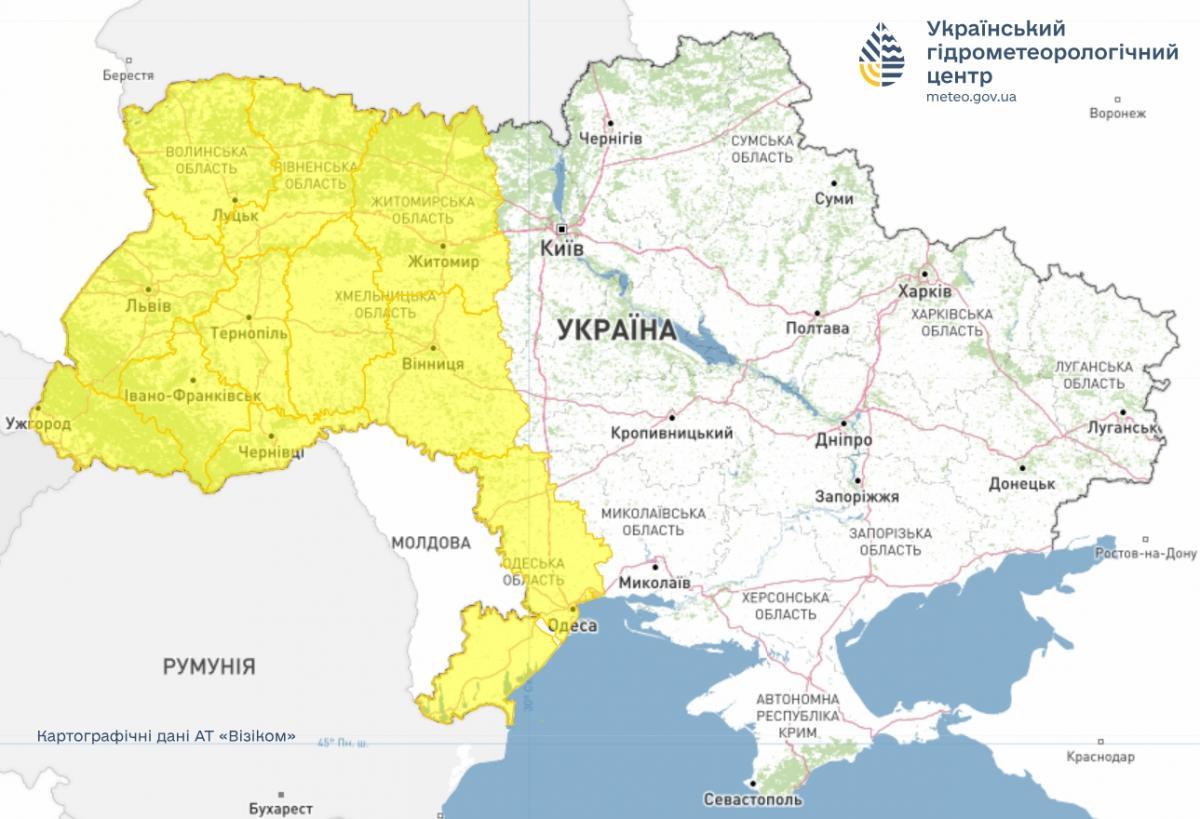 Карта областей, на які поширюється негода. Фото: Український гідрометцентр