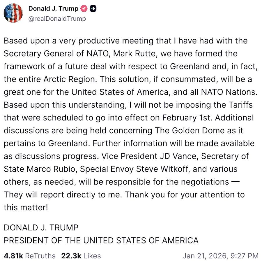 Пост Трампу в Truth Social. Фото: скриншот.