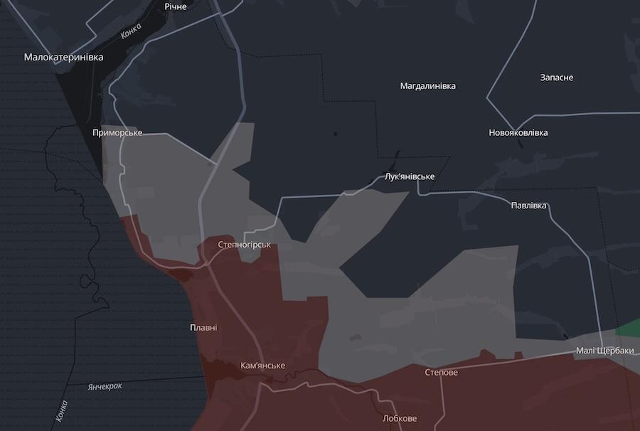 Украинские военные ликвидировали проникновение россиян в два населенных пункта к югу от Запорожья. Фото: скриншот карты проекта DeepState.
