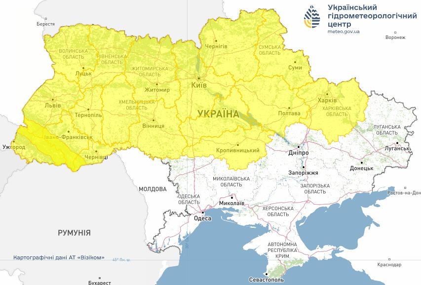 Штормове попередження в Україні 23 лютого. Мапа: Укргідрометцентр