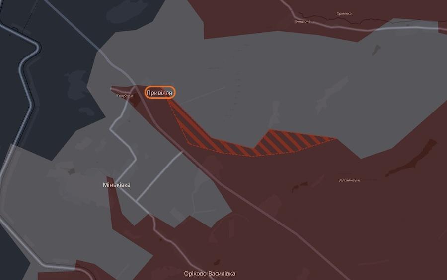 Оккупанты захватили ряд позиций возле села Приволье на севере Донецкой области. Фото: скриншот интерактивной карты проекта DeepState.
