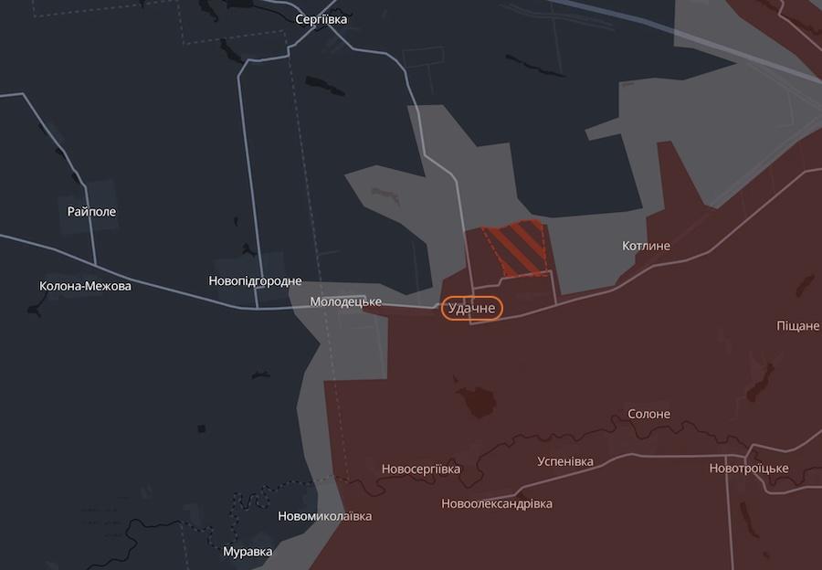 Оккупанты продвинулись в районе населенного пункта Удачное на Покровском направлении. Фото: скриншот интерактивной карты DeepState.