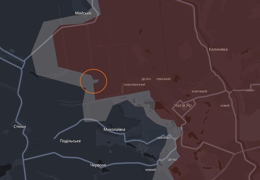 OSINT-аналітики скорегували приблизну лінію фронту біля Часового Яру. Фото: скріншот мапи DeepState.