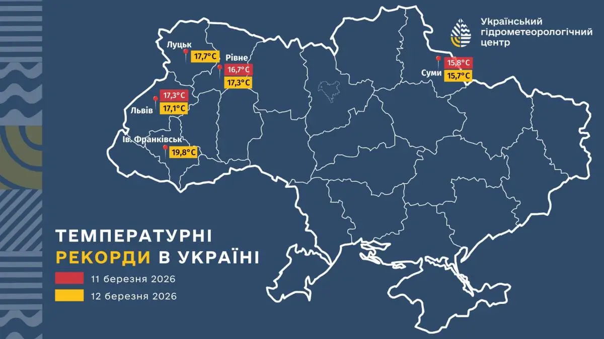 Температурні рекорди 11-12 березня. Мапа: Укргідрометцентр