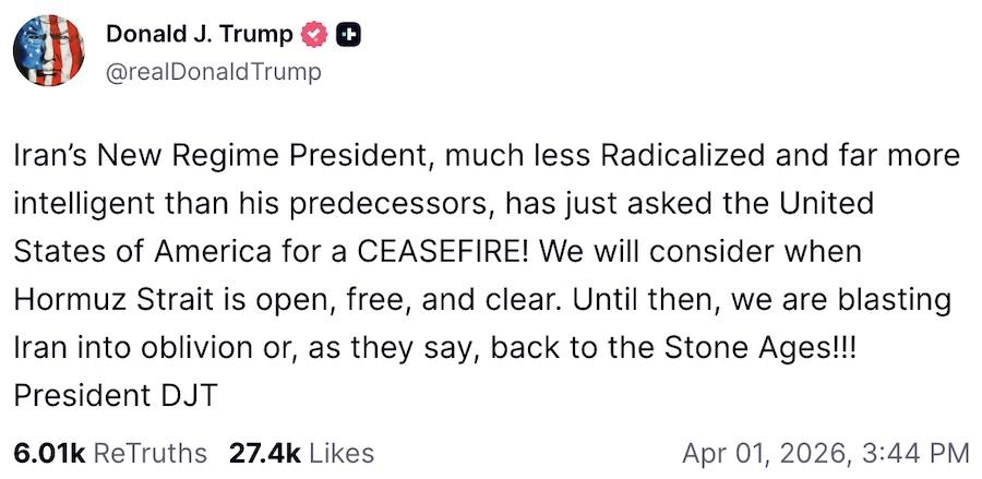 Пост Дональда Трампа в Truth Social. Фото: скриншот.