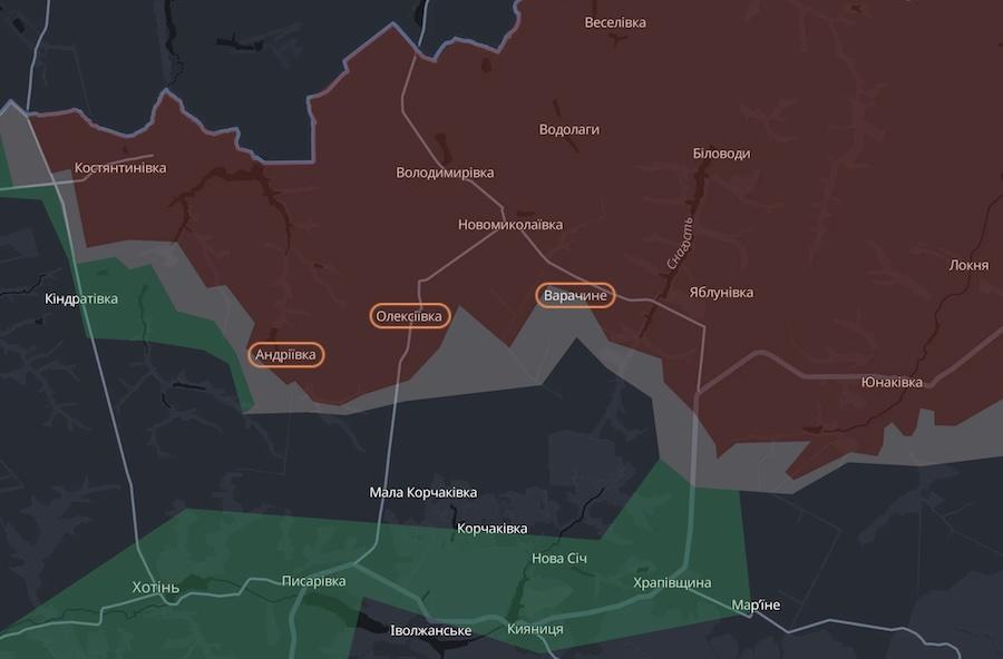Андріївка, Олексіївка та Варачине на мапі проєкту DeepState. Фото: скріншот.