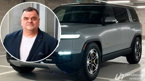 Андрій Задорожний на тлі Rivian R1s. Колаж: Українські Новини
