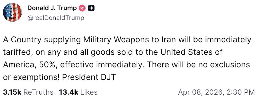Пост Дональда Трампа у Truth Social. Фото: скріншот.