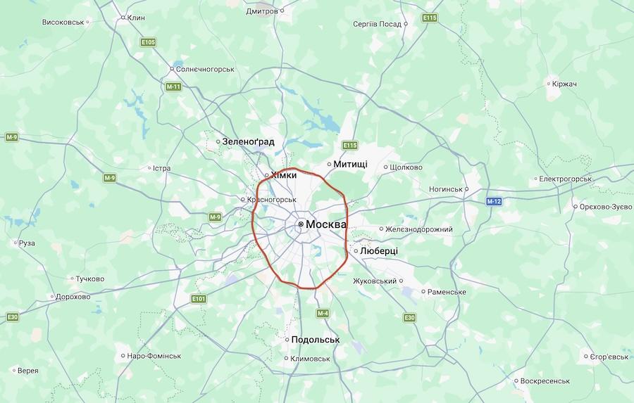 МКАД позначений червоним кольором. Фото: скріншот мапи сервісу Google Maps.
