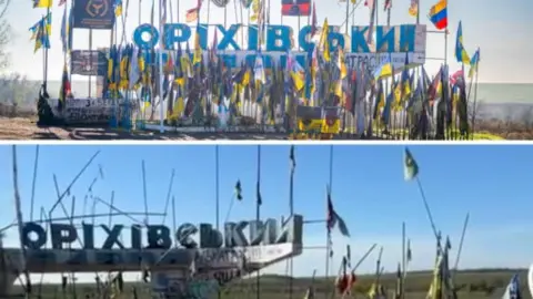 Последствия обстрела стелы. Фото: Запорожская ОВА