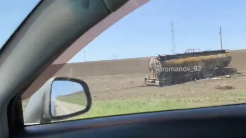 Бензовоз захватчиков, уничтоженный на юге оккупированных территорий. Фото: скриншот видео.