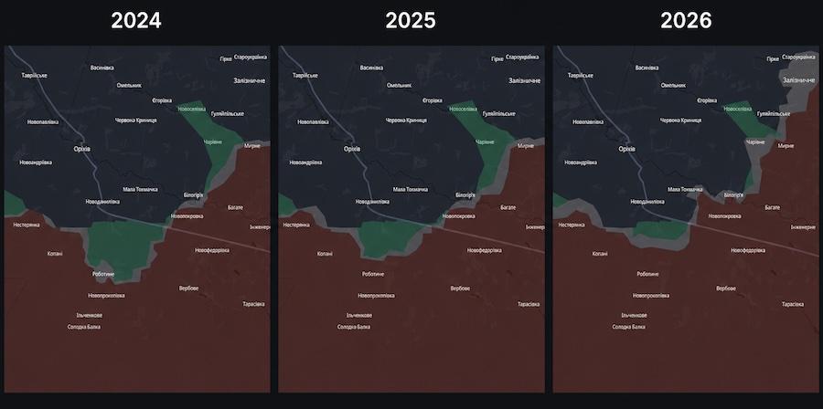 Лінія фронту в районі Малої Токмачки у 2024, 2025 та 2026 роках за інформацією проєкту DeepState. Фото: колаж УН.
