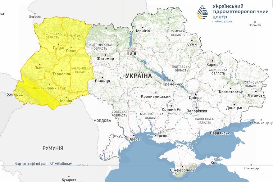 Штормове попередження. Мапа: Укргідрометцентр