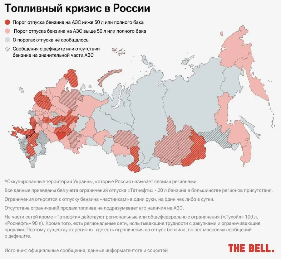 У понад 50 регіонах РФ введено обмеження на продаж пального. Фото: The Bell.