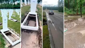 Після зливи на території Національного військового меморіального кладовища на Київщині розмило дороги. Колаж: УП