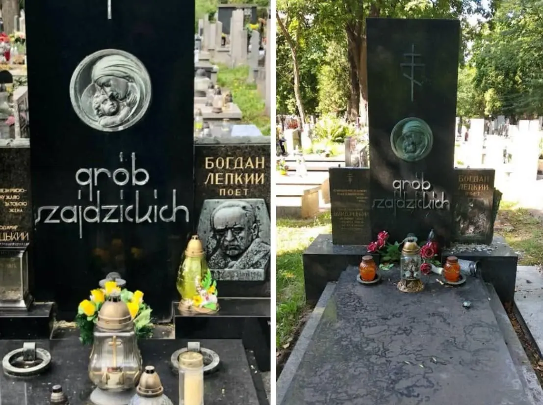 Місце поховання Богдана Лепкого у Кракові - до та після. Фото facebook/Ігор Мончук