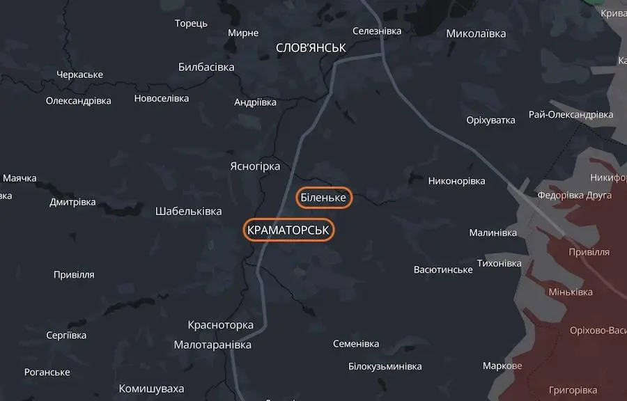 Краматорськ та Біленьке на мапі проєкту DeepState. Фото: скріншот.