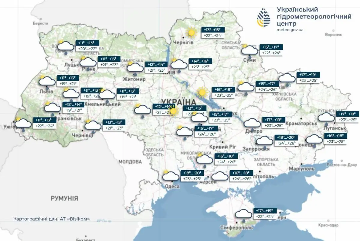 Прогноз погоди в Україні 25 липня. Мапа: Укргідрометцентр

