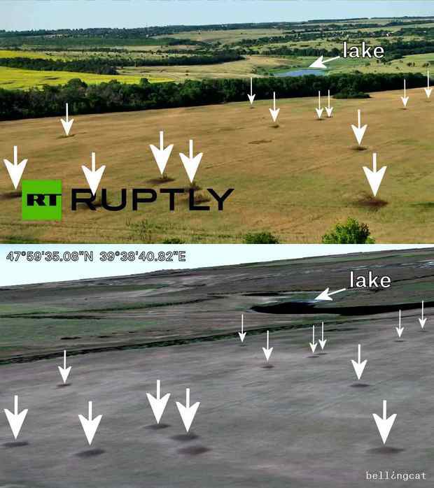 Сравнение кадры с видео Ruptly и спутникового изображения Google Earth от 15 августа 2014 года